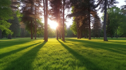 Obraz premium product photograph of Trees in the park with green grass and sunlight, fresh green nature background