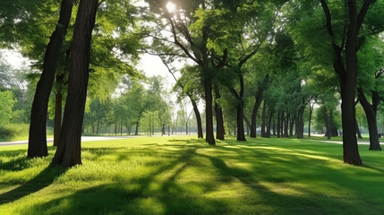 Fototapeta na wymiar product photograph of Trees in the park with green grass and sunlight, fresh green nature background
