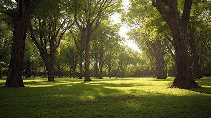 Obraz premium product photograph of Trees in the park with green grass and sunlight, fresh green nature background