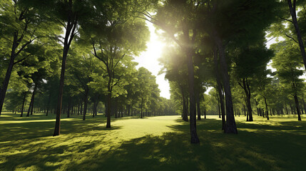Obraz premium product photograph of Trees in the park with green grass and sunlight, fresh green nature background