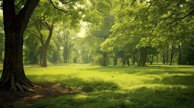 product photograph of Trees in the park with green grass and sunlight, fresh green nature background