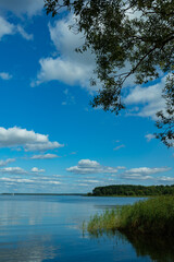 Fototapeta premium Landscape, view of the lake and the shore, green trees and water surface