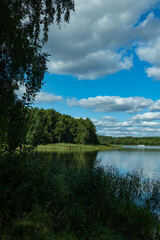 Fototapeta na wymiar Landscape, view of the lake and the shore, green trees and water surface