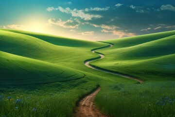 Fototapeta na wymiar Beautiful spring landscape with green meadow and winding path. AI generative image.