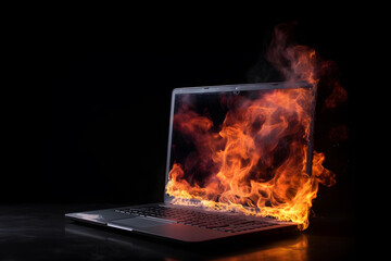 Laptop with fire on screen isolated on black background. Burned laptop. Generative AI