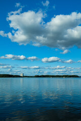 Landscape, view of the lake and the shore, green trees and water surface
