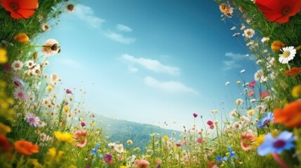 Fototapeta na wymiar Beautiful sunny field full of different flowers. Round floral border or frame. Sunny meadow with wildflowers. Outdoor background with blue sky and copy space. AI generative image.