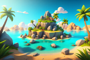 3D tropical island with palm trees and rocks, clear summer sky background, Generative Ai