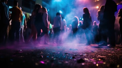 Illustration of crowded night club disco party. Silhouettes of people with long exposure effect. Indoor background. AI generative image.