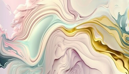 Fototapeta na wymiar Beautiful abstract soft colored wavy background with pastel pink, gold and pale green colors. Paint swirls like a marble texture. Modern art background. AI generative image.