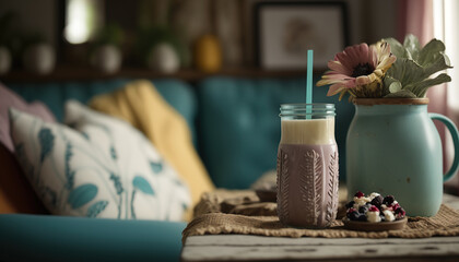 Obraz na płótnie Canvas Delicious fruit smoothie on on cozy indoor background with plant and blurred sofa, healthy and tasty food concept. Milkshake. AI generative image.