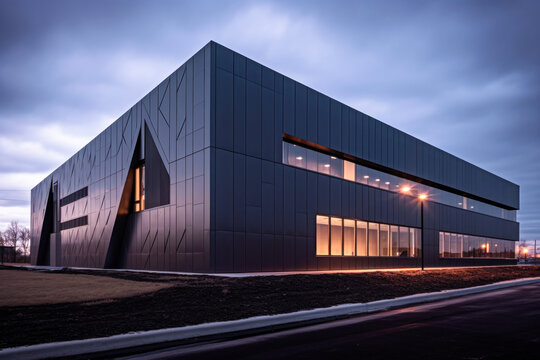 Modern sleek warehouse office building facility exterior architecture, steel, night, cloudy, overcast. Generative AI