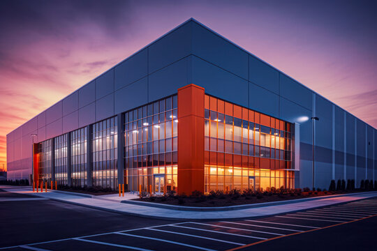 Modern Sleek Warehouse Office Building Facility Exterior Architecture, Night. Generative AI