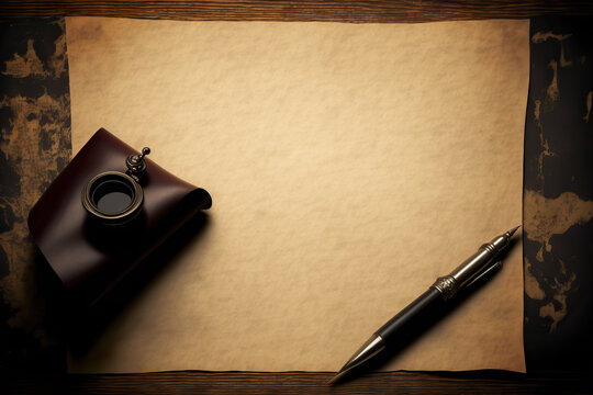 Vintage background with parchment, inkwell and fountain pen. Calligraphy tools. Copy space. AI generative image.