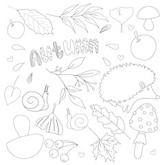 Fototapeta na wymiar Seasonal autumn collection of forest animals and leaves in black stroke for children's books and coloring pages.