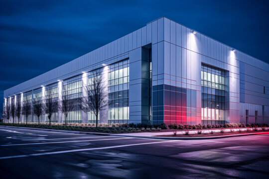 Modern sleek warehouse office building facility exterior architecture, night. Generative AI
