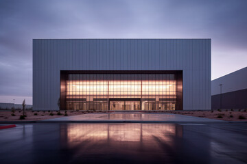 Modern sleek warehouse office building facility exterior architecture, night. Generative AI