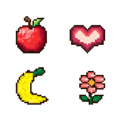 Fototapeta premium Pixel nbor. A set of symbols for games. pixel apple, banana, flower, heart