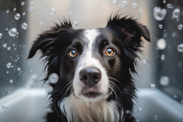 Border Collie dog in bathtub, soap foam flying all around. AI generative