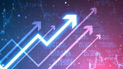 Glowing arrows for business growth concept in futuristic technology style. Successful financial development on blue gradient background. Digital cyber wallpaper for the stock market sources