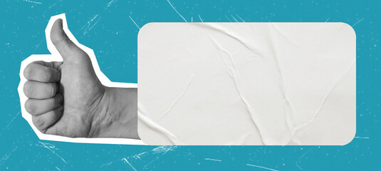 Female hand with thumbs up gesture on a blue background, with wet paper and space for text, art collage.