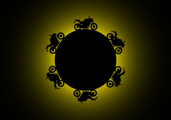 Fondo degradado negro amarillo radial con silueta negra de motos en forma circular. Día mundial de la moto