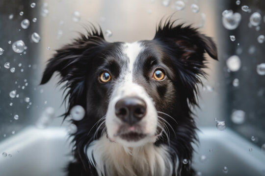 Border Collie dog in bathtub, soap foam flying all around. AI generative