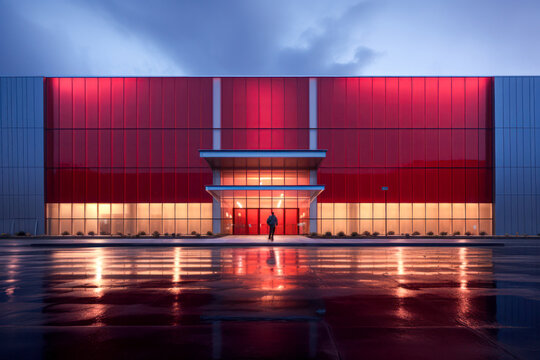 Modern sleek warehouse office building facility exterior architecture, red, night. Generative AI