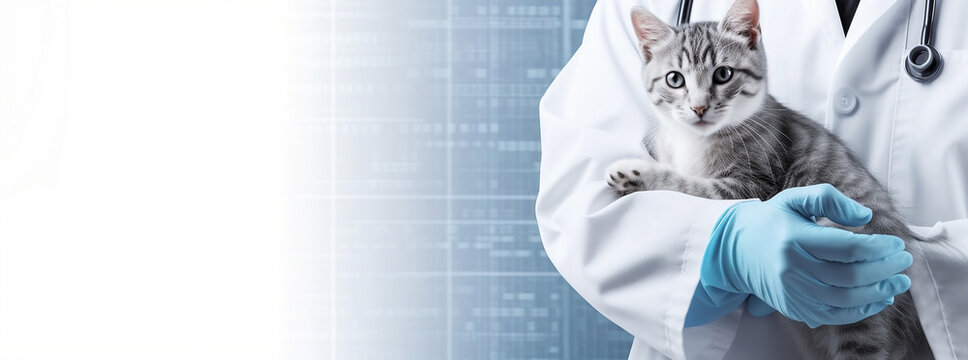 A Caring Touch: Veterinary Clinic Banner Featuring a Grey Striped Cat in the Hands of a Veterinarian Doctor, Generative AI 