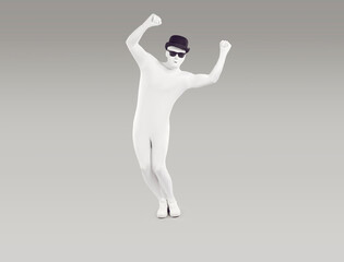 Unknown person dressed in white leotard dancing with his hands raised. Full length portrait of faceless man wearing full body white suit, black hat and sunglasses posing on isolated studio background