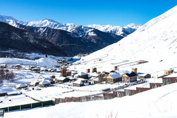 Small village in winter with Caucasus mountain. Ushguli famous landmark in Svaneti Georgia is one of the highest settlements in Europe.