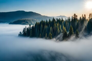 Obraz premium A top view of trees with fog