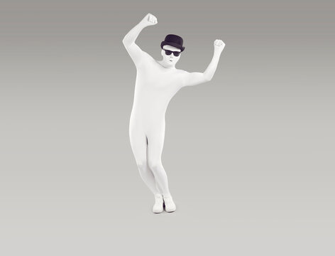 Unknown person dressed in white leotard dancing with his hands raised. Full length portrait of faceless man wearing full body white suit, black hat and sunglasses posing on isolated studio background