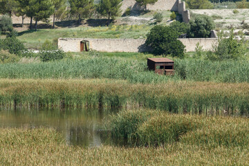 Paisaje de la albufera de Gayanes con el observatorio de aves acuaticas entre el cañizal, España