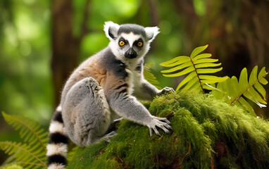 Fototapeta premium Ring-tailed lemur in the forest. Very cute ring-tailed lemur in its living environment. AI generated.