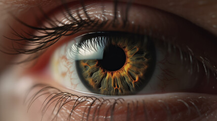 Naklejka premium Super close-up of a blue female eye with a beautiful patterned detailed pupil. Vision problems. Ophthalmology. AI-generated. Generative AI