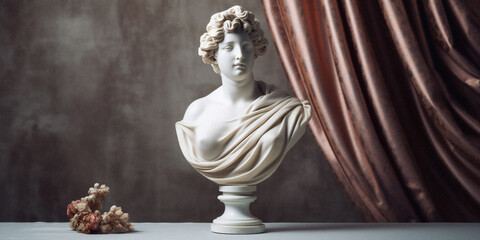 Classical still life with a marble bust and velvet curtains, created with generative AI technology