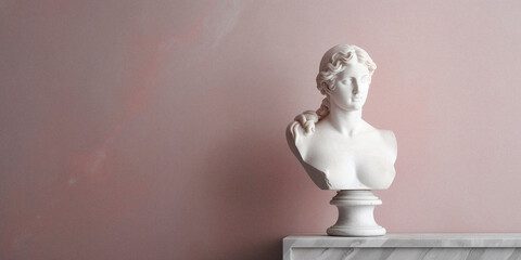 Classical still life with a marble bust and velvet curtains, created with generative AI technology