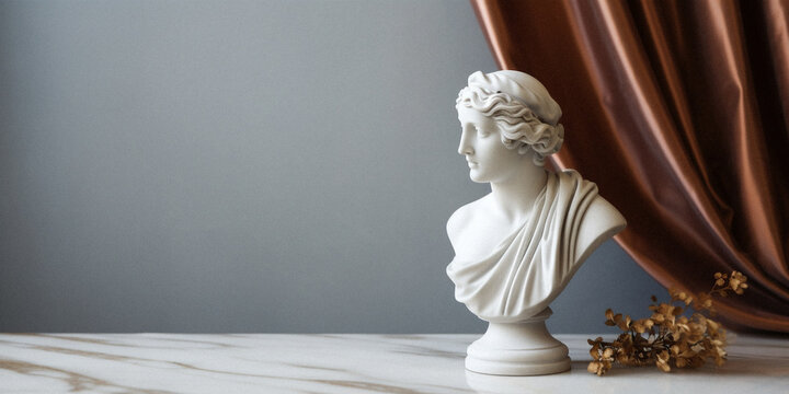Classical still life with a marble bust and velvet curtains, created with generative AI technology