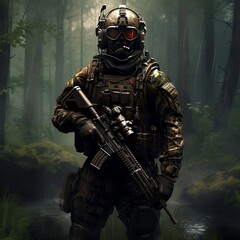 Army soldier with gas mask - Generative AI