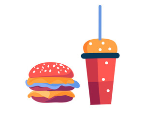 Art cheeseburger and glass of soda, isolated on white background, Vector illustration