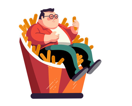 Fat man sitting in a box with french fries, color vector illustration
