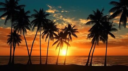 sunset on the sea beach with coconut trees in the background. Generative AI