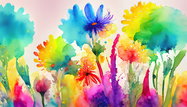 Colorful Watercolor Abstract Flower Meadow Background Rainbow Wildflowers Wallpaper