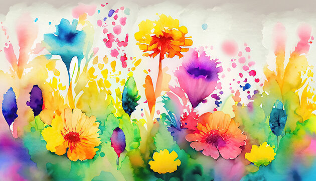 Colorful Watercolor Abstract Flower Meadow Background Rainbow Wildflowers Wallpaper