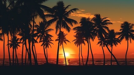 sunset on the sea beach with coconut trees in the background. Generative AI