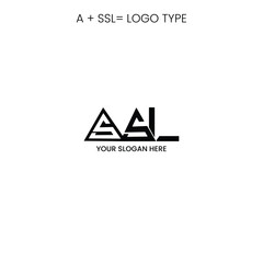 Emblem of business company with two circle, letter ASSL, text Technology. Logo template of two merged circles for brand. Logo, signs, labels, identity, badges for business brands. Vector Illustration