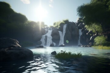 A minimalist landscape with a scenic river or waterfall, Generative AI