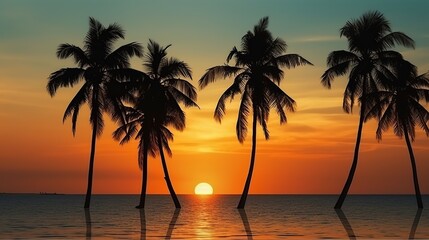 Naklejka na ściany i meble sunset on the sea beach with coconut trees in the background. Generative AI