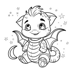 COLORING PAGE dinosaur baby. Dragon cute funny character linear illustration childrens for coloring